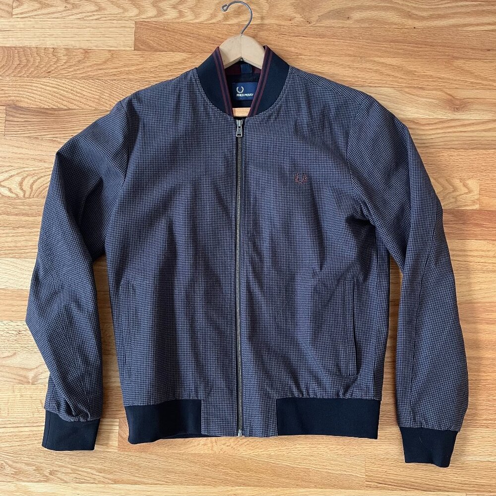 FRED PERRY Dark Grey Micro Hounds Tooth Zip Up Mod Ska Bomber Jacket M